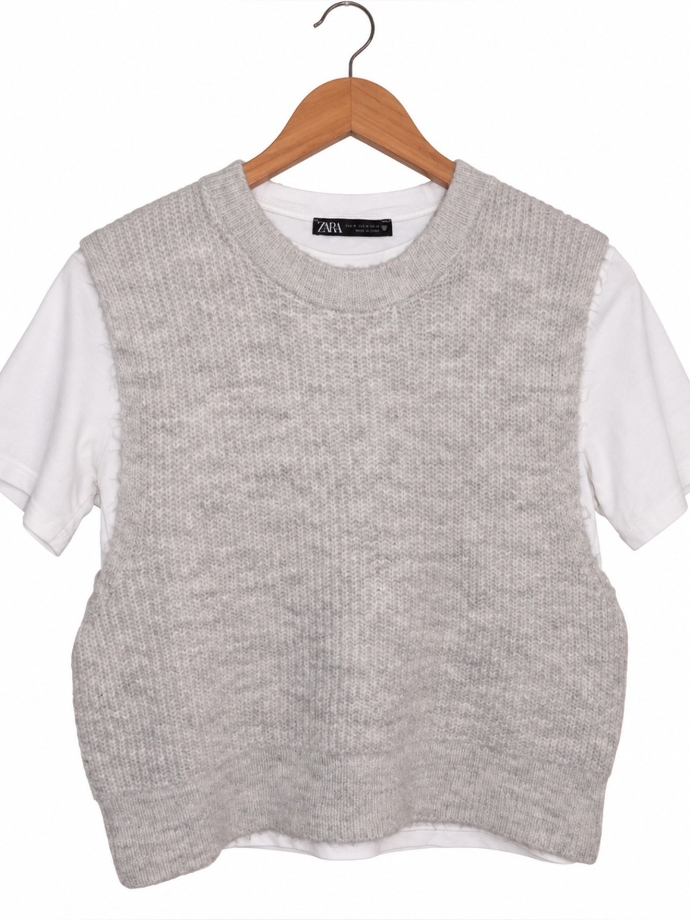 Zara Gray Knit Vest Top with White Tee | Size S